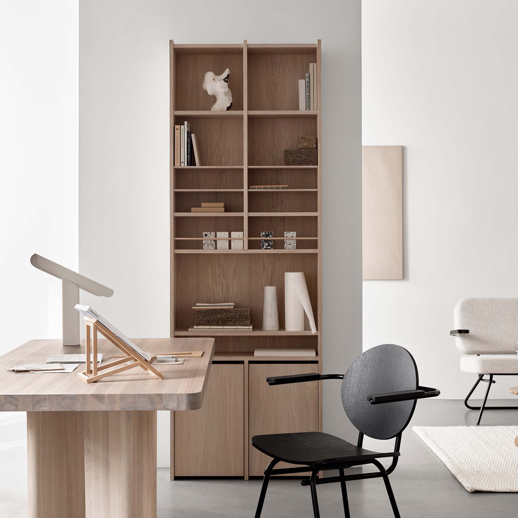 Home office styled with our dining table, our Sylhide Dining Chair and Shelving 1002